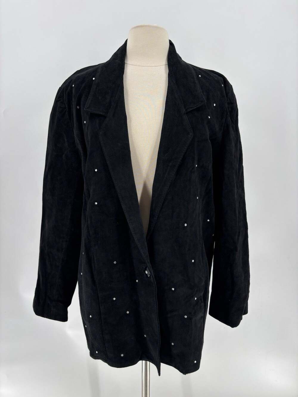 Vintage 80s 90s Charades Black Suede Leather Rhinestone Blazer Jacket Womens 14